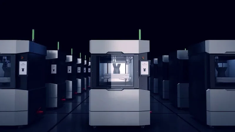 Row of Raise3D RMF500 3D printers in a dimly lit industrial setting, with glowing green lights and printed samples inside.