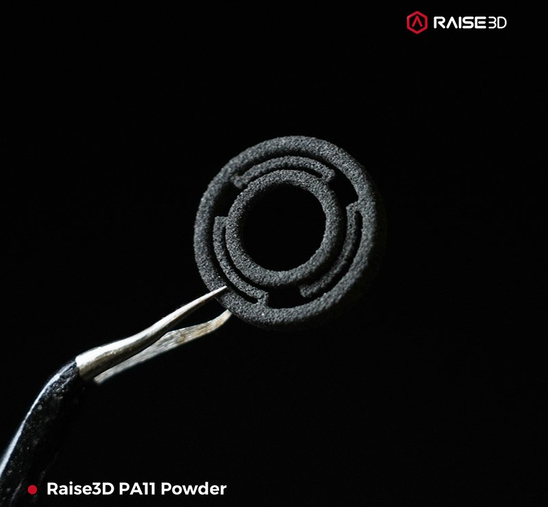 A small, intricate black circular part created from Raise3D PA11 powder, held delicately with tweezers against a black background. The part features concentric circular patterns with spaces between rings, illustrating the precision and material versatility of the Raise3D RMS220 printer. The Raise3D logo is visible in the upper right corner, indicating brand credibility.