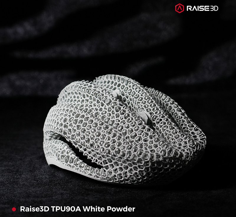 A complex, lattice-structured object created by the Raise3D RMS220 using TPU90A white powder. The object features an intricate honeycomb pattern, highlighting the printer's capability to produce detailed and flexible designs. The Raise3D logo appears in the upper right corner, and the texture and flexibility of the material are emphasized by the lighting and shadow contrasts against a dark background.