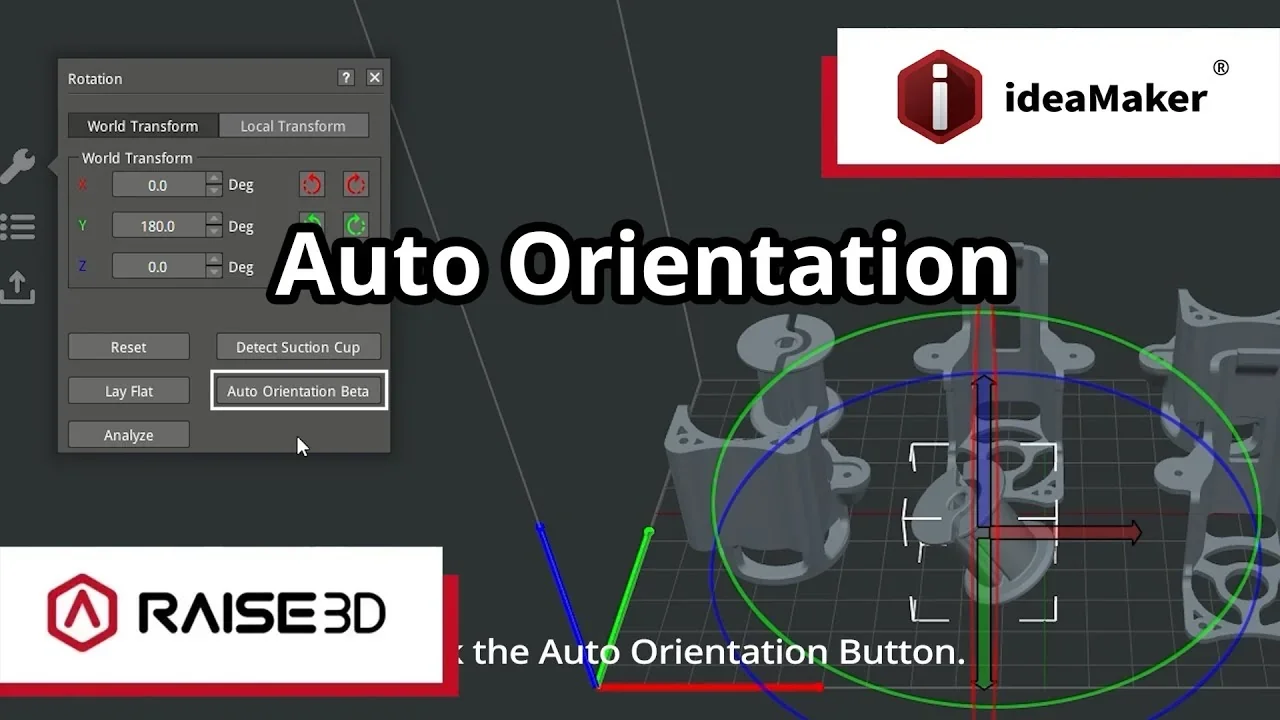 Raise3D RMS220 3D printing software interface showing auto orientation feature with part samples and ideaMaker branding.