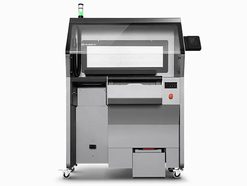 Raise3D RMS220 3D printer with transparent top, branding visible. Large, industrial design on wheels. Likely created intricate samples or parts.