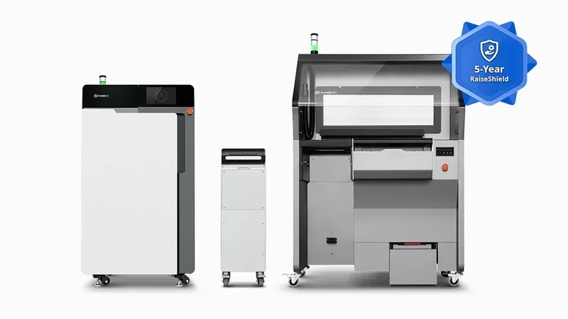 Raise3D RMS220 3D printers shown with warranty badge, featuring sleek industrial designs, and showcasing output samples from the RMS220 model.