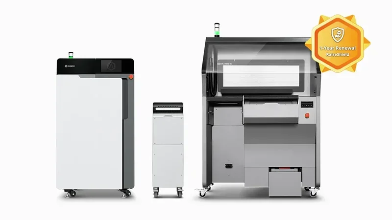 Raise3D RMS220 system with printers, industrial design, and 1-Year RaiseShield badge on a white background.