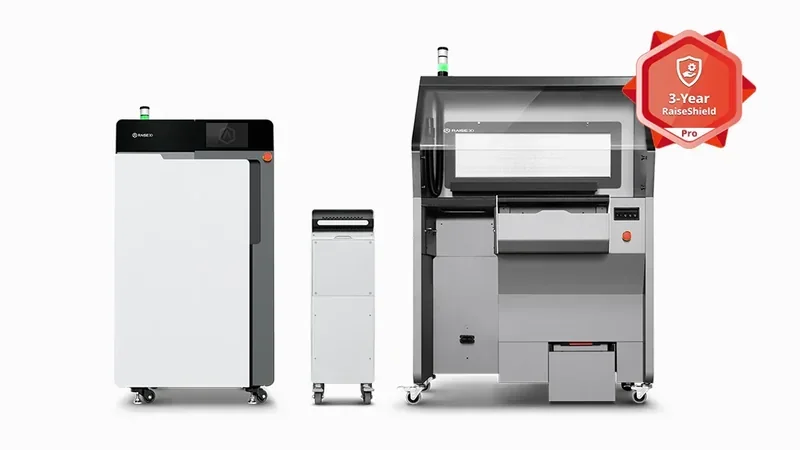 Raise3D RMS220 industrial 3D printer set with sleek design and branding, featuring a 3-year RaiseShield Pro guarantee.