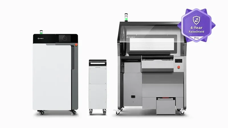 Raise3D RMS220 3D printer series with sleek design, showcasing professional and industrial models, featuring a 4-Year RaiseShield Pro badge.