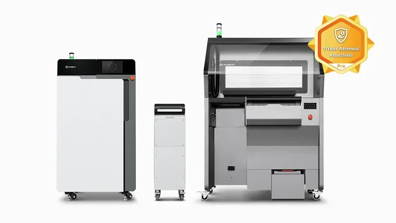 Raise3D RMS220 industrial 3D printer setup with sleek design, featuring certification badge. Parts shown were created by Raise3D RMS220.