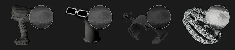 3D-printed parts including a handle, pipe, and lattice structure with texture close-ups, all produced by the Raise3D RMS220 printer.