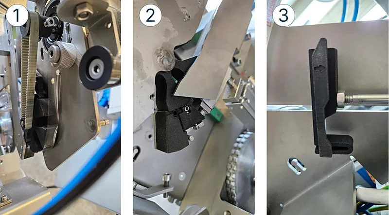 Sinterit Lisa X creates intricate black plastic parts in industrial setup; various mechanical components shown close-up in three segments.