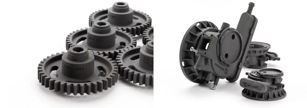 Sinterit Lisa X-created black mechanical parts, gears, and components in close-up, showcasing their precise detailing and intricate design.