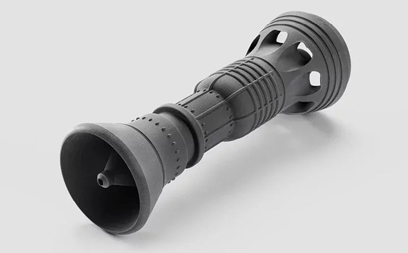 3D-printed complex part in gray, showcasing intricate details, created by Sinterit Lisa X on a neutral background.