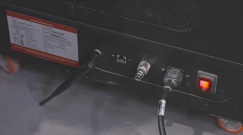 Sinterit Lisa X 3D printer rear panel with ports, red switch, and visible branding on a metallic surface, featuring orange wheel casters.