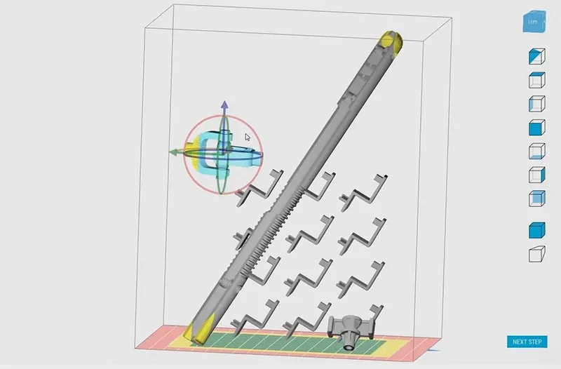 3D printing layout for Sinterit Lisa X, showing parts placement in software interface, demonstrating object arrangement and alignment for printing.