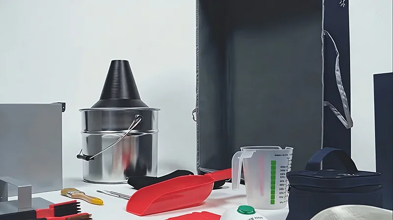 Sinterit Lisa X 3D printer accessories including a metal container, red scoop, measuring cup, and cleaning tools on a white surface.