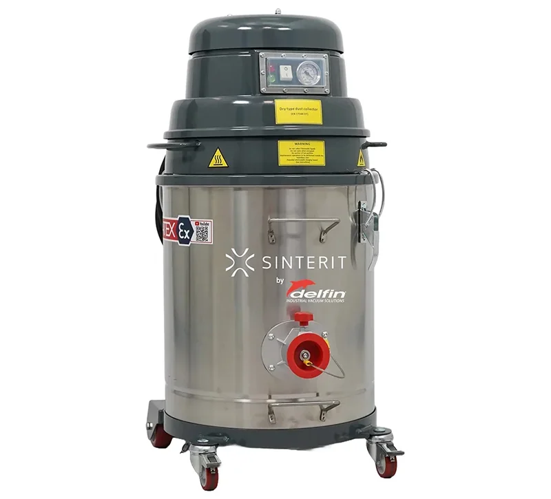 Sinterit Lisa X 3D printer with stainless steel body, labeled branding, and castor wheels for mobility.