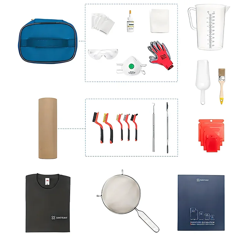 Sinterit Lisa X accessories kit with brushes, protective gear, scoop, tools, and manual, highlighting essential items for 3D printing maintenance.