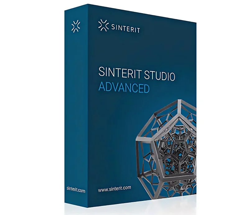 Sinterit Studio Advanced software box with geometric 3D structure design, connected to the Sinterit Lisa X 3D printer and branding details.