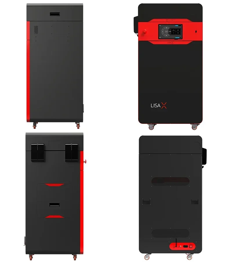 Sinterit Lisa X 3D printer with red accents, shown from four angles; sleek, compact design with visible control panel and branding.