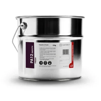 Sinterit Lisa X PA12 powder in a metal container, labeled 6 kg, featuring branding and product details on a white background.