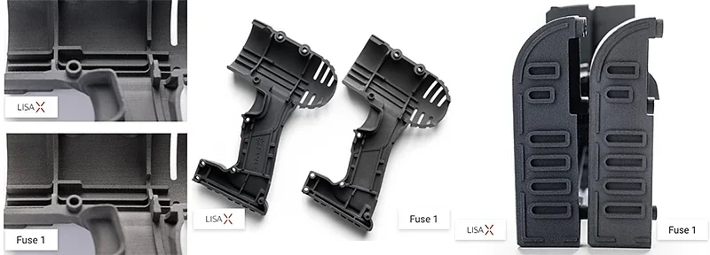 Sinterit Lisa X-printed samples, showcasing detailed black plastic parts and labels for comparison.