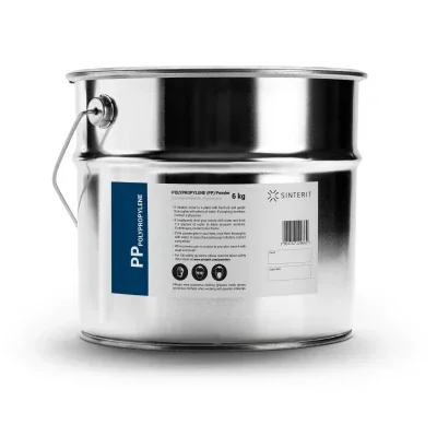 Metallic container of Sinterit Polypropylene Powder, 6 kg, labeled for Sinterit Lisa X 3D printing, featuring product details and branding.