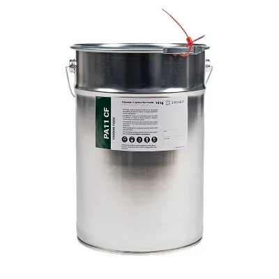 Sinterit Lisa X PA11 CF powder container for 3D printing; large silver canister with label, brand name, and red security seal.