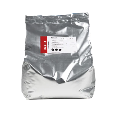 PA11 powder in reflective silver packaging by Sinterit Lisa X for 3D printing, with label details shown, enhancing professional applications.