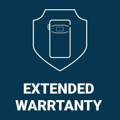 Extended warranty icon for Sinterit Lisa X 3D printer in white on blue background, featuring printer outline on a shield.