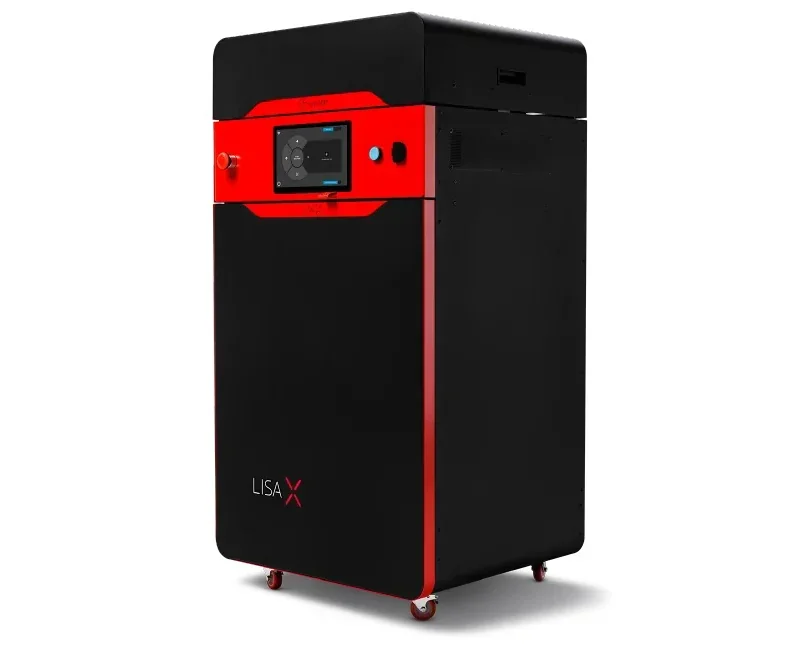 Sinterit Lisa X 3D printer in black and red with touchscreen display; industrial setting with wheels for mobility.