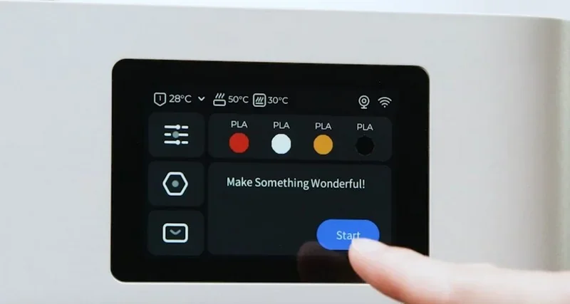 Snapmaker U1 touchscreen interface showing material options, temperature settings, and a "Start" button pressed by a finger.