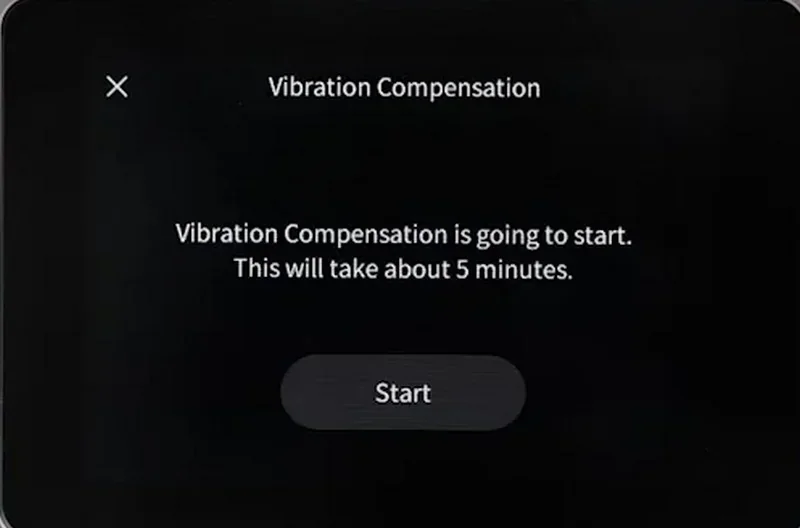 Snapmaker U1 screen displaying "Vibration Compensation" setup, indicating a 5-minute process with a start button, in a black interface setting.