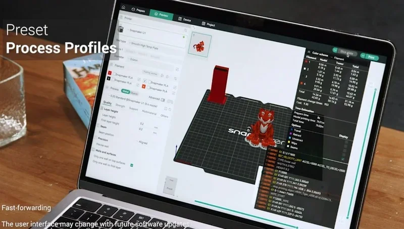 Laptop displaying Snapmaker u1 3D printing software with a red object and figure model. Interface shows process profiles and settings.
