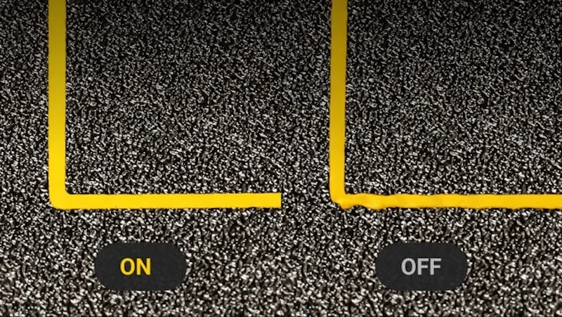 Snapmaker U1 3D printed samples on textured surface; smooth line labeled "ON," rough line labeled "OFF," showcasing print quality difference.