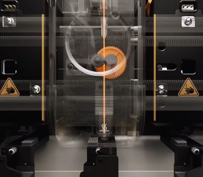 Snapmaker U1 3D printer showing internal gears and filament feeding mechanism, highlighting technical precision and engineering design elements.