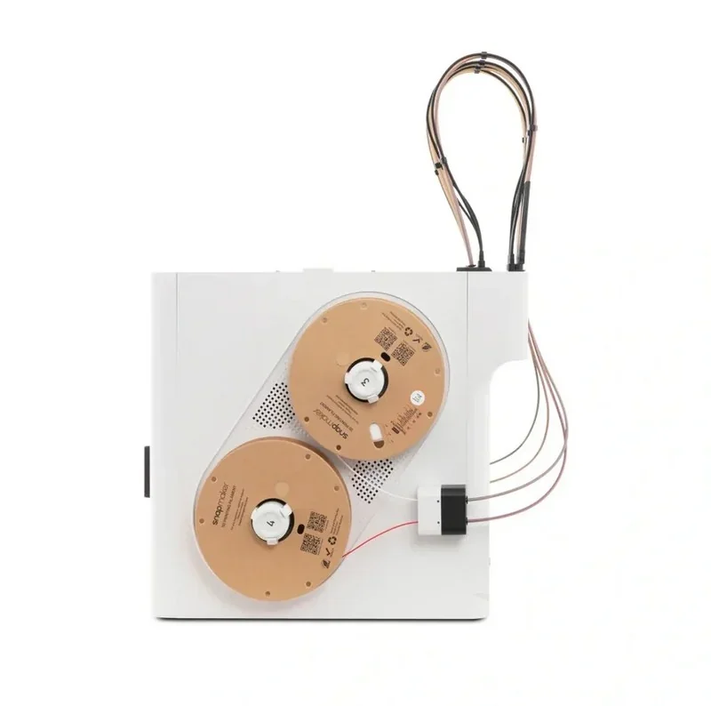 Snapmaker U1 filament spool holder with two spools and wiring, set against a plain background, showcasing its compact and efficient design.