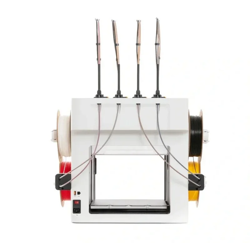 Snapmaker U1 3D printer with four filament inputs, sleek design, multiple spools attached, intended for creating diverse parts and samples.