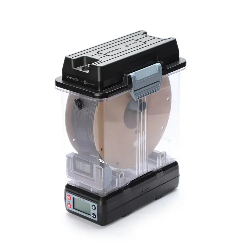 Snapmaker U1 filament spool holder in a clear case with digital display, branded lid, and control buttons, displaying its sleek, modern design.