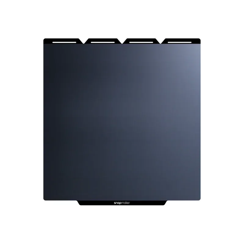 Snapmaker U1 3D printer heated bed, sleek black surface, with manufacturer branding at the bottom edge for optimal printing performance.