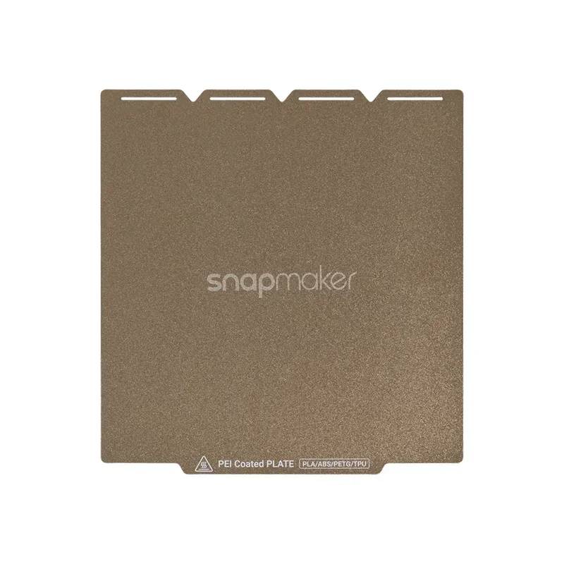Snapmaker U1 PEI-coated plate with branding, compatible with PLA/ABS/PETG/TPU, featuring a textured surface and notched edges for 3D printing.