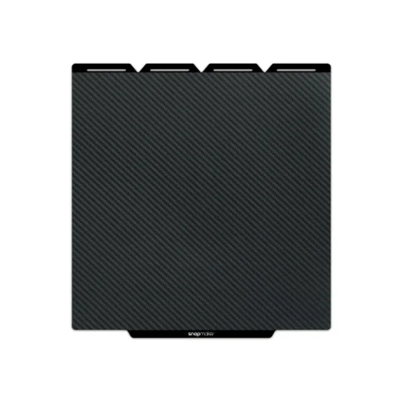 Snapmaker U1 3D printer's textured build plate, carbon fiber pattern, with black Snapmaker branding at the bottom edge.