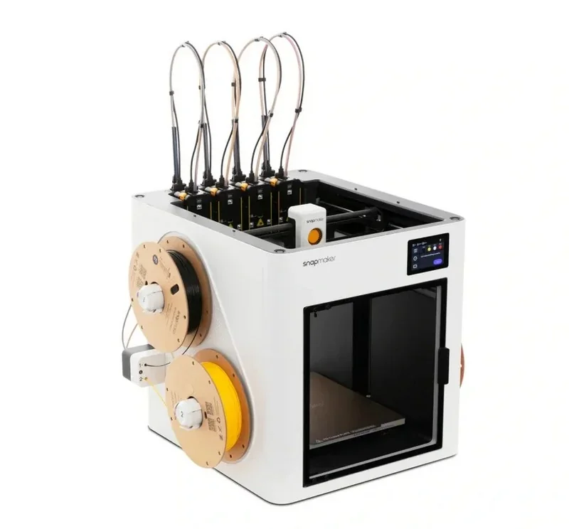 Snapmaker U1 3D printer with multi-color filament spools, touchscreen interface, and branded logo, designed for creating versatile 3D printed parts.