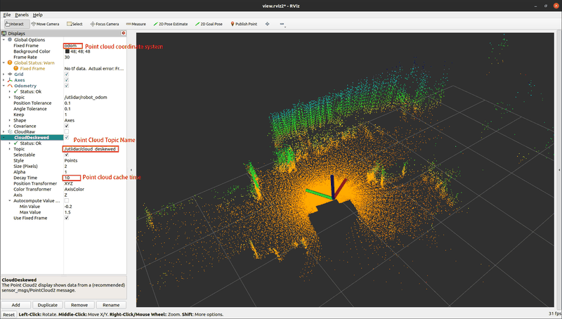 A visualization from RViz software displaying a point cloud generated by the Unitree G1 robot. The interface shows a 3D coordinate system with yellow, green, and blue point clusters, representing spatial data. Labels highlight a point cloud coordinate system, topic name, and cache time. There's a focus on technical analysis, with left column settings for data manipulation. This depicts the unit's capability in gathering and interpreting 3D space data.