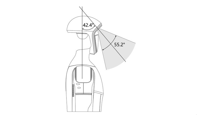 A detailed illustration focusing on the head and upper torso of a humanoid robot, perhaps akin to the Unitree G1. The diagram highlights a 42.4-degree downward visual angle from the top of the head and a 55.2-degree frontal view area from the eyes. This presentation emphasizes the robot's sensory angles, showcasing its design for optimal visual data collection and interaction.