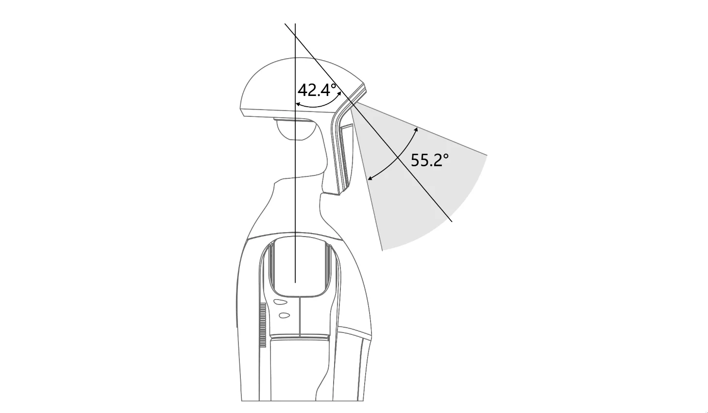 Unitree G1 robot head diagram showing 42.4° and 55.2° field of view angles with labeled dimensions.