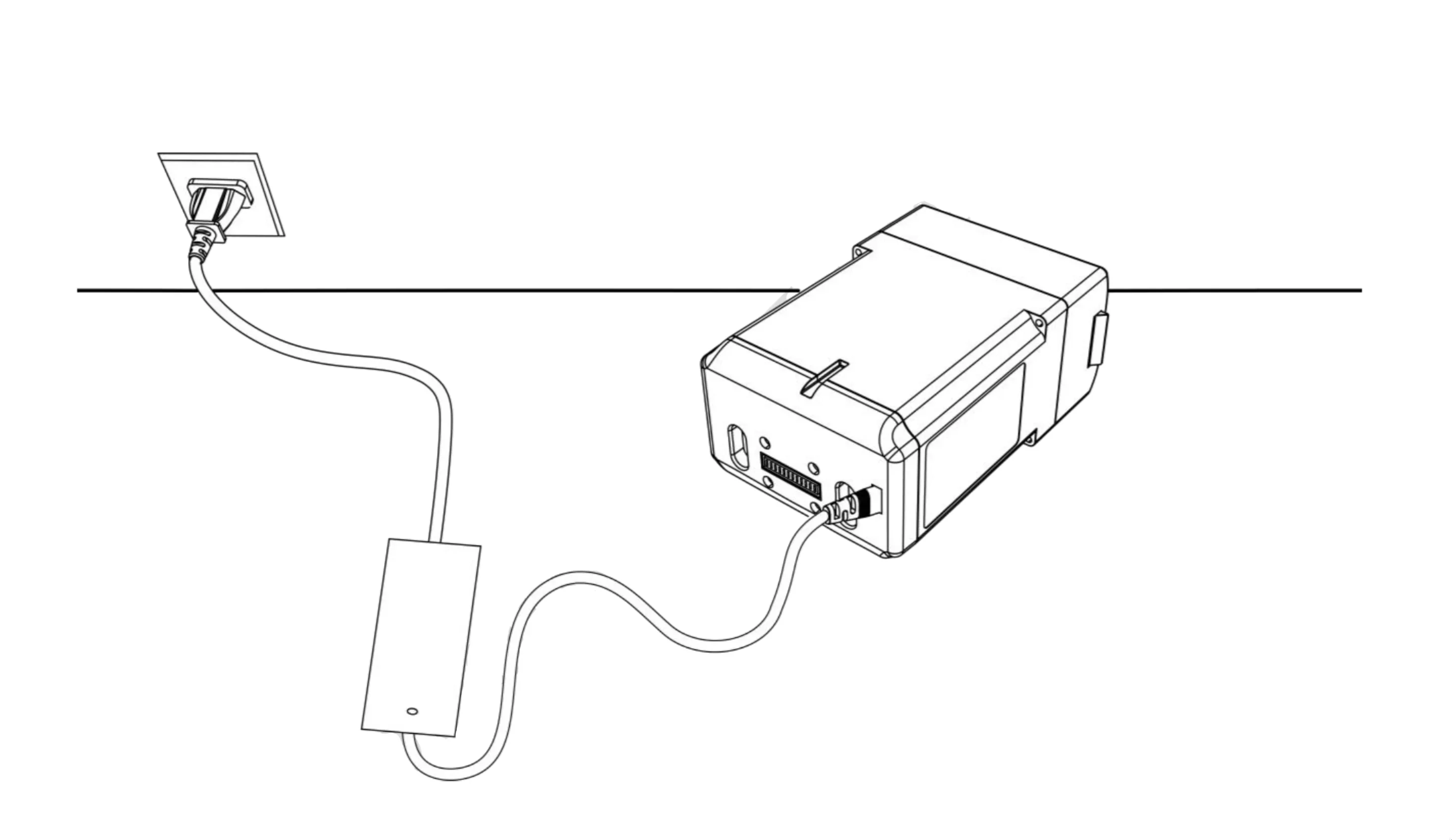 Diagram showing the Unitree G1 battery pack connected to a power outlet with a cable, illustrating a simple charging setup.