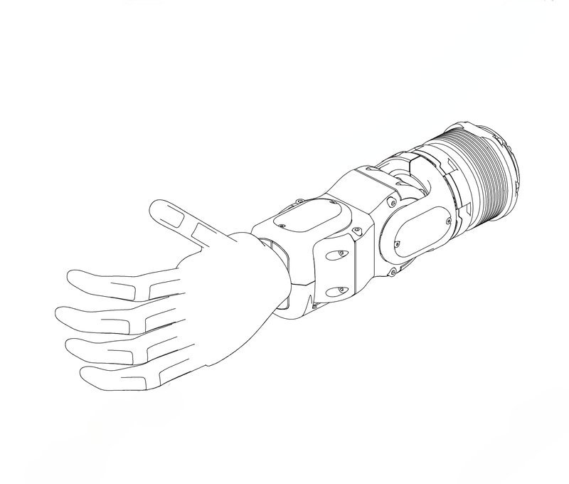 A detailed line drawing of the Unitree G1's robotic arm. The illustration showcases intricate mechanical joints and segments that suggest functionality and flexibility. The hand is depicted with defined fingers, implying dexterity. The forearm includes visible layers of mechanical components, indicating advanced engineering.