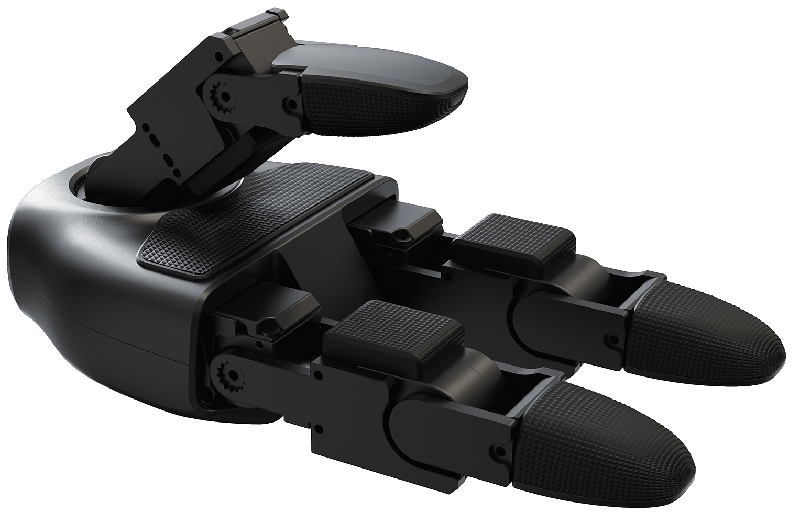 A close-up view of the Unitree G1's robotic hand, focusing on its intricate design and mechanical features. The hand is constructed with black material, featuring multiple joints and sensors that allow for dexterous movements. Each finger is articulated and textured for improved grip, showcasing advanced engineering and versatility in handling various objects. The hand's robust yet nimble construction highlights the robot's proficiency in complex manipulative tasks.