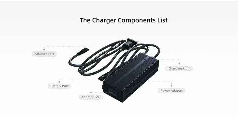 A detailed illustration of a charger component list is shown, featuring a black rectangular power adapter with multiple labeled ports. Visible components include an adapter port and battery port, alongside a connector cable. The charger includes a charging light indicator positioned on its side. The sleek, compact design is emphasized, suggesting a modern and efficient charging solution for the Unitree G1.