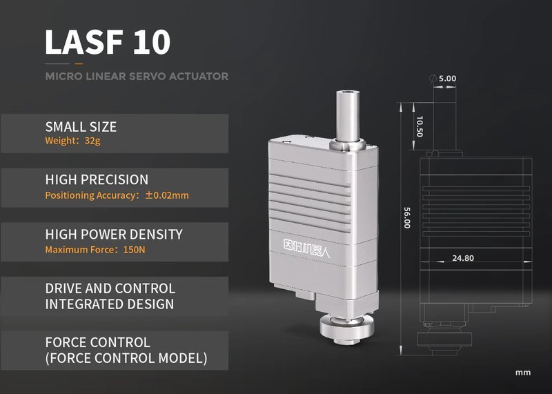 This image displays a technical illustration of the LASF 10 micro linear servo actuator used in robotics applications. The actuator is depicted in a matte metallic finish with precise specifications listed: a weight of 32 grams, positioning accuracy of ±0.02mm, and a maximum force of 150N. The diagram includes measurements in millimeters, highlighting its compact and efficient design ideal for integrated drive and control in robots like the Unitree G1.