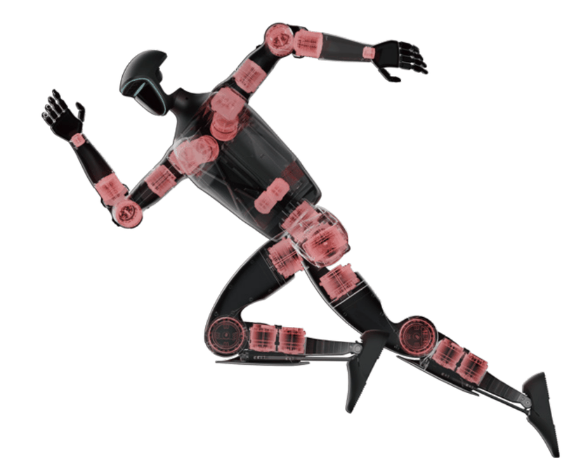 This technical illustration presents an X-ray view of the Unitree G1 humanoid robot mid-stride, emphasizing the internal structure. Red highlights indicate the complex network of actuators and joints that facilitate agile movements. The design incorporates precision-engineered components capable of dynamic articulation, providing insights into the advanced mechanics and engineering of the robot.