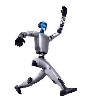 The image features the Unitree G1 humanoid robot, captured mid-stride with one leg forward and an arm raised, simulating a dynamic running motion. The robot is silver with articulated joints, and its head displays a blue LED faceplate, giving it a futuristic appearance. Its design emphasizes agility and balance, showcasing cutting-edge robotics technology.